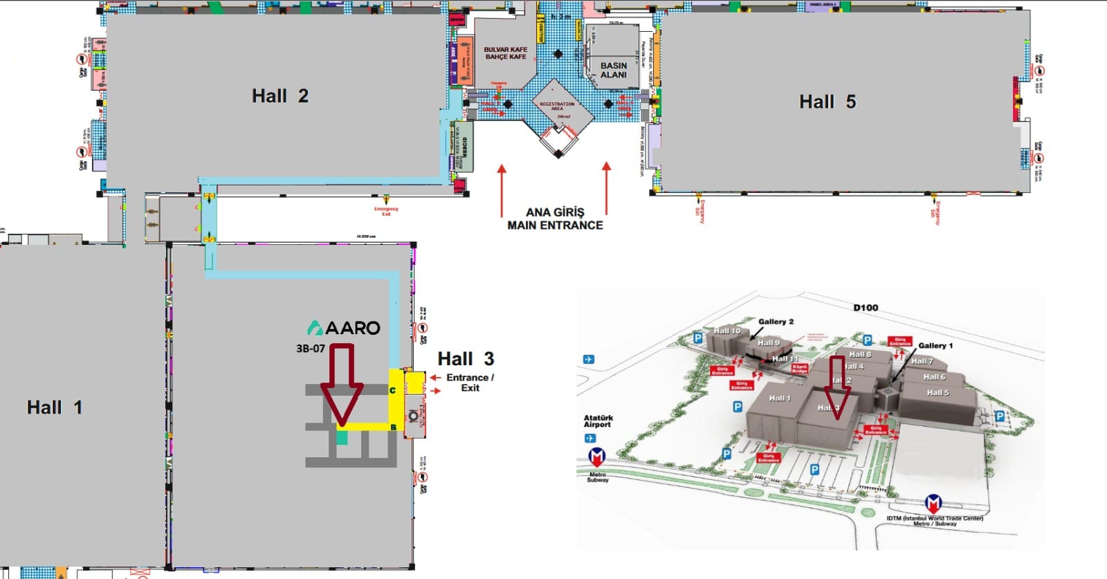 SAHA EXPO 2026 fuar planı, AARO ERP stant konumu 3B-07 Hall 3
